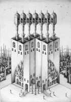 モノクロームイラスト（鉛筆画） - 「不思議な教会」