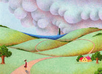 ファンタジーイラスト（色鉛筆画） - 「丘の向こうの青い海」